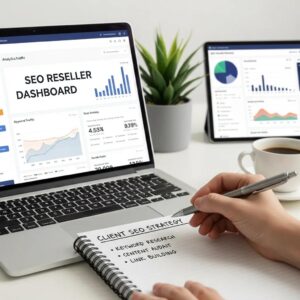 Close-up of a laptop displaying SEO metrics in a professional workspace