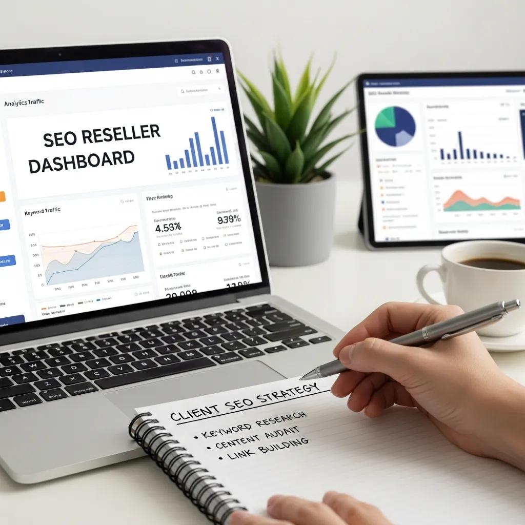 Close-up of a laptop displaying SEO metrics in a professional workspace