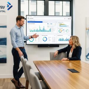 Digital marketing professional presenting a brandable dashboard to a client