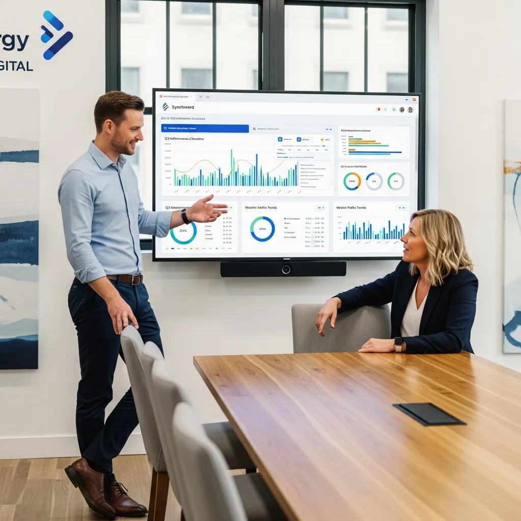 Digital marketing professional presenting a brandable dashboard to a client