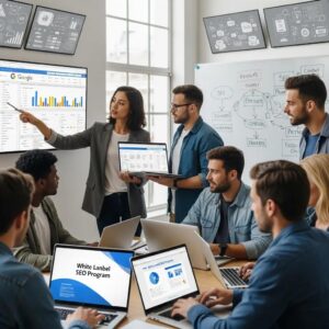 Digital marketing team collaborating on SEO strategies in a modern workspace