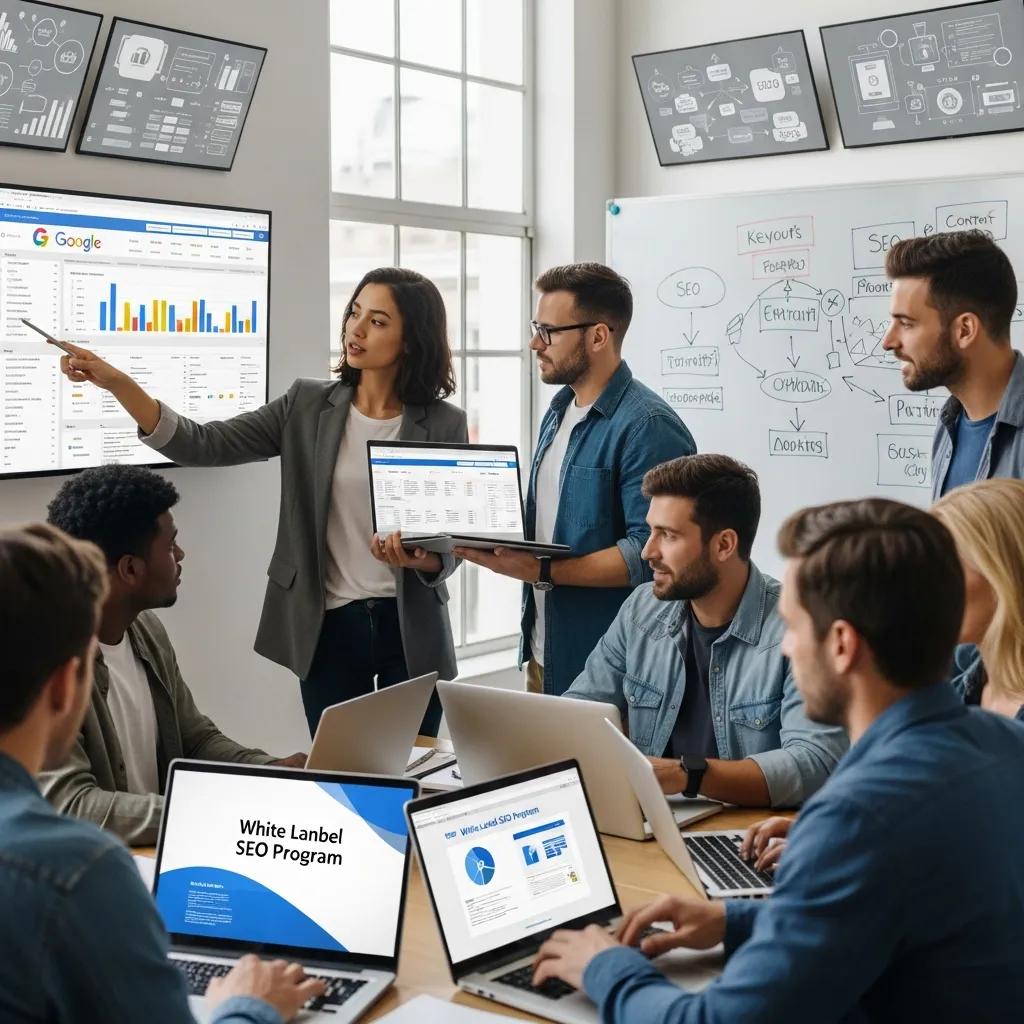 Digital marketing team collaborating on SEO strategies in a modern workspace